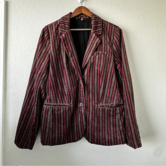 Free People Women’s Striped B Line luxe Red Burgundy‎ Lapeled Blazer Jacket Sz L - Picture 2 of 16
